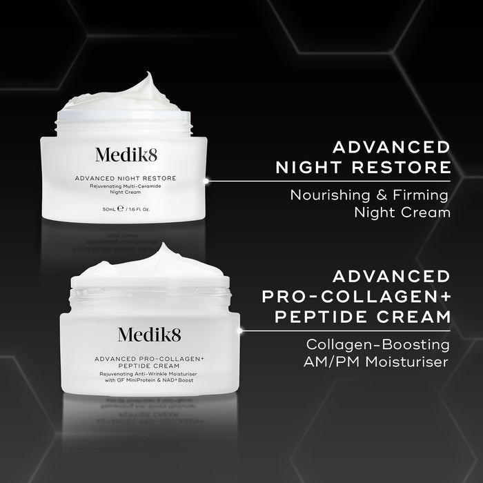 Visual comparison of two Medik8 moisturisers. Left: Advanced Night Restore for firming and smoothing wrinkles (PM use). Right: Advanced Pro-Collagen+ Peptide Cream for collagen boosting and deep wrinkle reduction (AM/PM use).