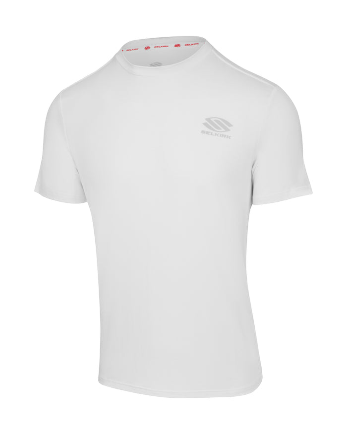 White short-sleeve athletic crew-neck shirt with small gray logo on left chest