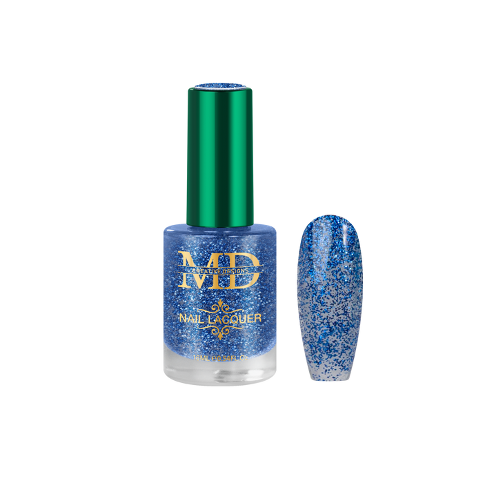 Blue nail polish bottle with green cap on a white background