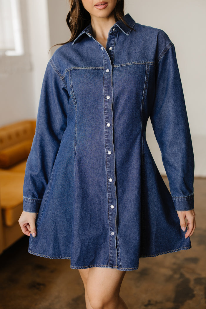 Ashleigh Blue Denim Shirt Collar Long Sleeve Flared Mini Dress 🇺🇸
