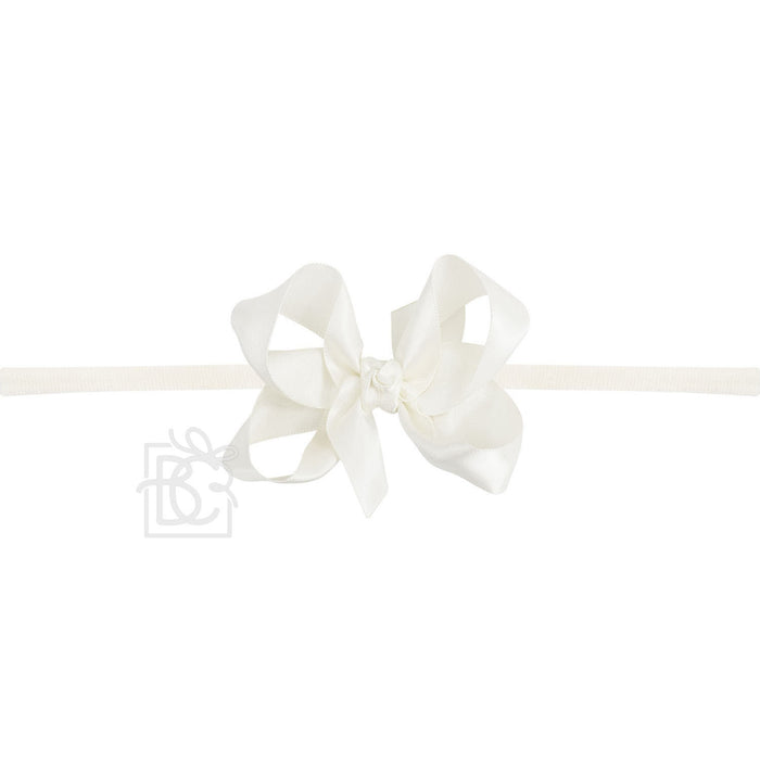 BC Ivory Satin Bow on Elastic Headband 3.5" Bow
