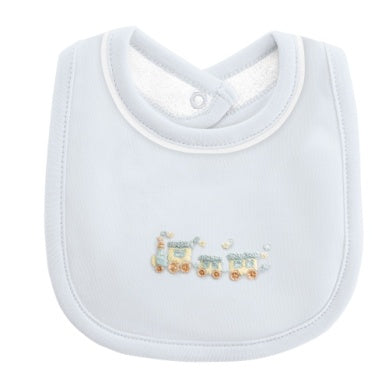 BCC Little Train Emb Bib w/ Piping-Lt. Blue
