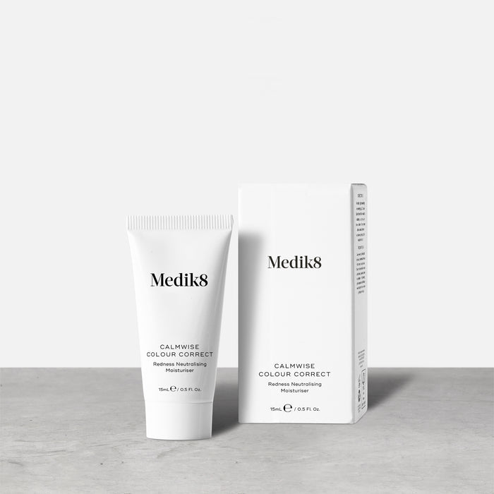 A small white tube of Calmwise Colour Correct (15mL) stands beside its white carton