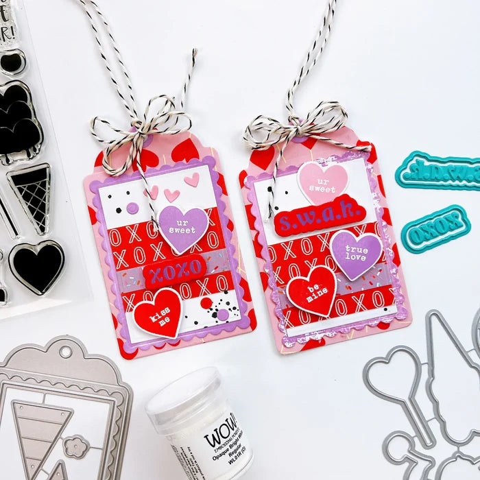Catherine Pooler - Hot Foil Plates and Dies - Sweet Nothings. Add a foiled sentiment to your next Valentine project with the Sweet Nothings Hot Foil Plates. Featuring a large "love you so much" and "happy Valentine's day" , a small "s.w.a.k" and "xoxo". Available at Embellish Away located in Bowmanville Ontario Canada. Example by brand ambassador.