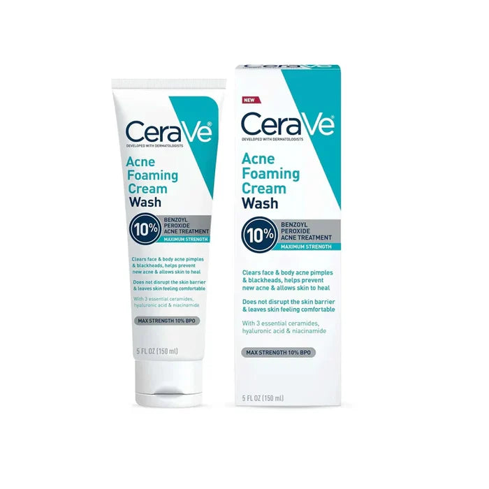 CeraVe Acne Foaming Cream Cleanser with Benzoyl Peroxide 10% – 5 oz | Maximum Strength Acne Treatment
