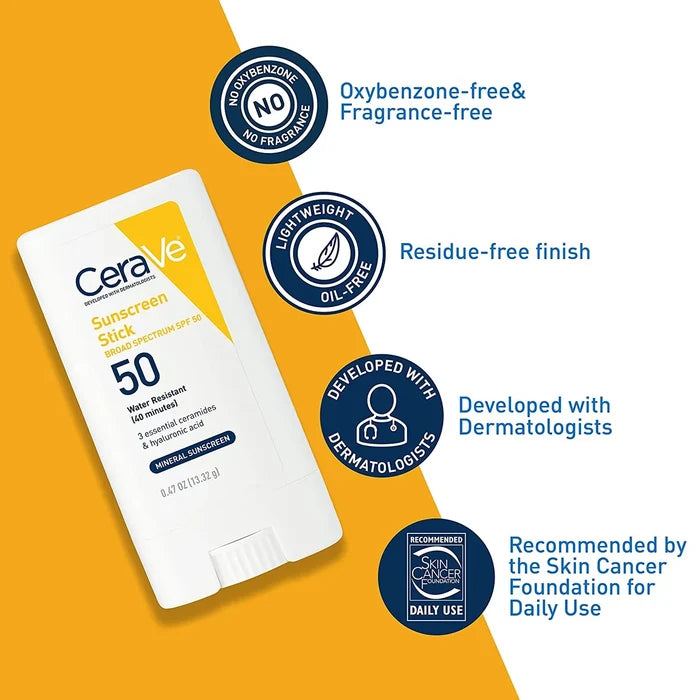 CeraVe Sun Stick SPF 50 – 13.3g | 100% Mineral Sunscreen for Face & Body