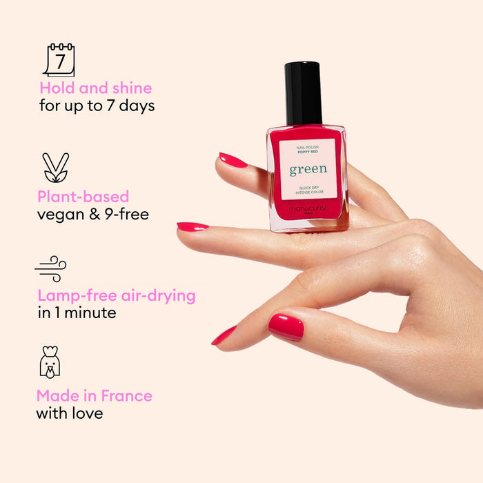 A hand with red nails holds a Manucurist Pink Sorbet Jelly polish—ultra-glossy, syrup effect, 7-day wear, plant-based, vegan, 9-free air-dries in 1 min without a lamp. Made in France with love.