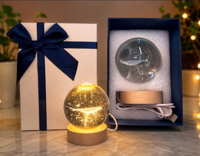 Crystal Ball Galaxy Night Light Table Lamp - USB Wooden Base Gift Set