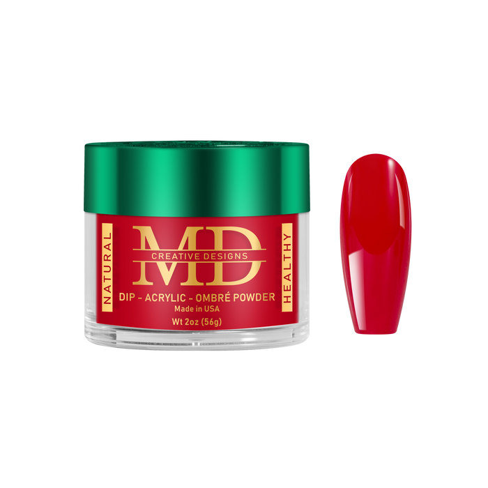 Red nail powder jar with green lid and a red nail tip color swatch on a white background