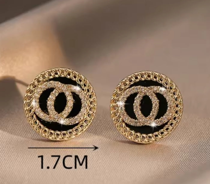 Elegant Black Enamel & Crystal Double Circle Women Stud Earrings Fashion Jewelry