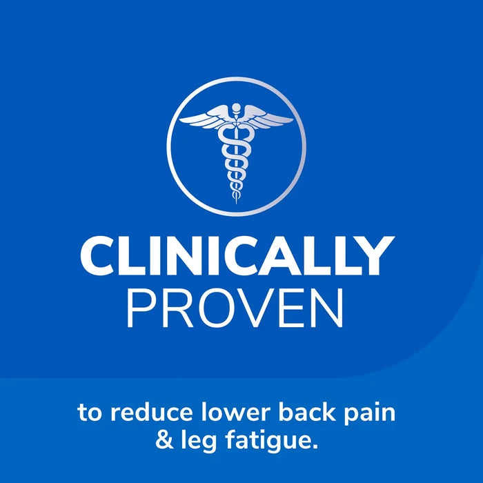Blue infographic with caduceus icon and clinically proven claim for pain reduction