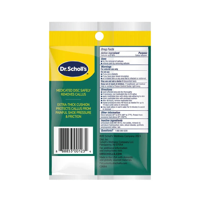 Dr. Scholl's Extra Thick Callus Removers back label with Drug Facts panel