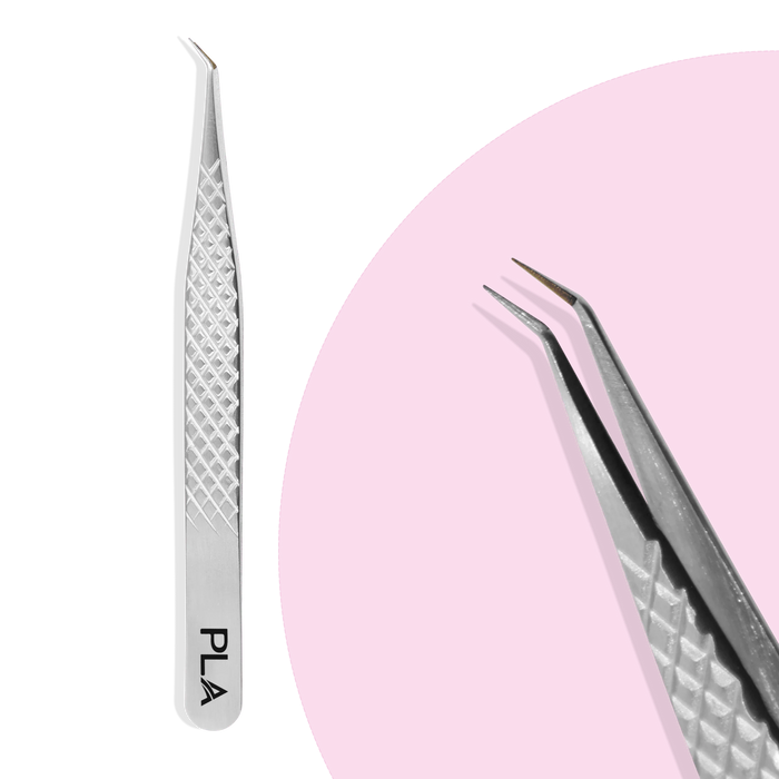 Fiber tip lash tweezers from Paris Lash Academy: 45 Degree Volume, Regular 12cm (front view and close up view of the tip)