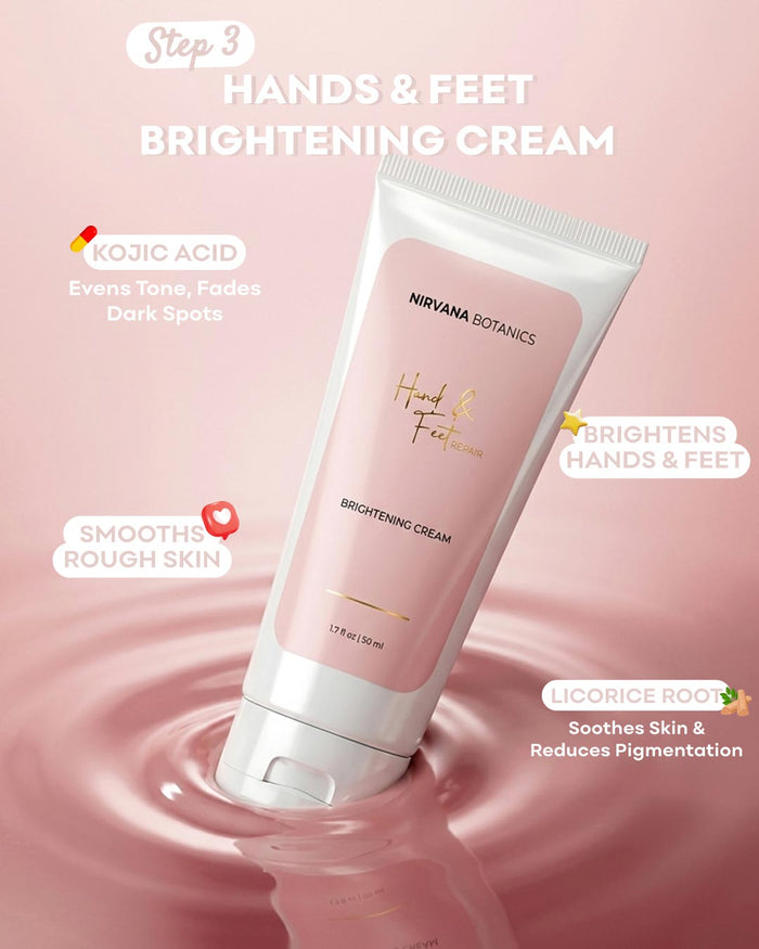 Nirvana Botanics Hand & Feet Brightening Cream in a white squeeze tube with a dusty pink label, set against a pink liquid ripple background with feature callouts.
