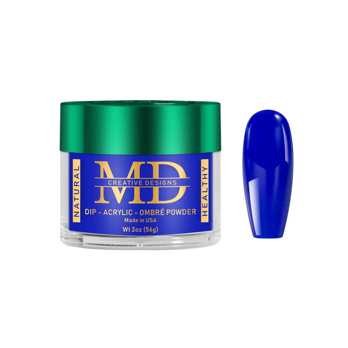 Blue nail powder in a green container with 'MD' branding on a white background