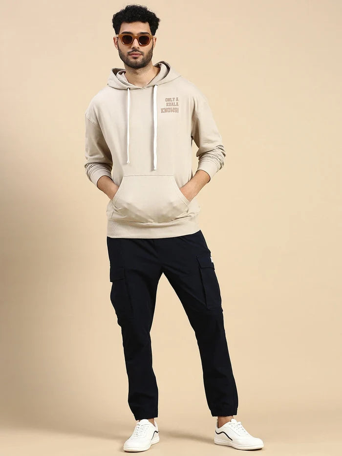 House Of Koala Beige Relaxed Fit Printed Hoodie Sweatshirt