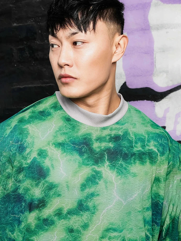 House Of Koala Grey & Green Abstract Printed Drop-Shoulder Relaxed Fit Pullover T-tshirt