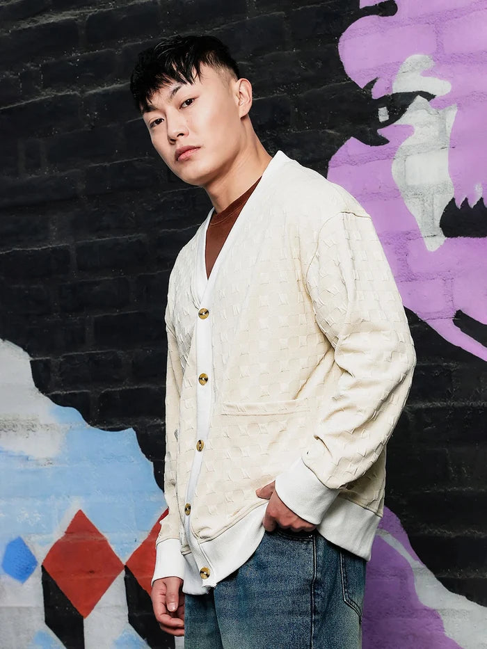 House Of Koala Off-White Textured & Self Design V-Neck Knitted Cardigan