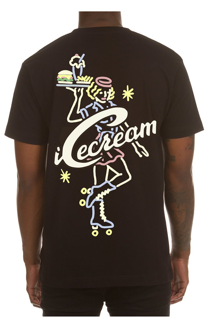 A black short-sleeve t-shirt featuring a graphic design of an ice cream waitress with a stylish modern look