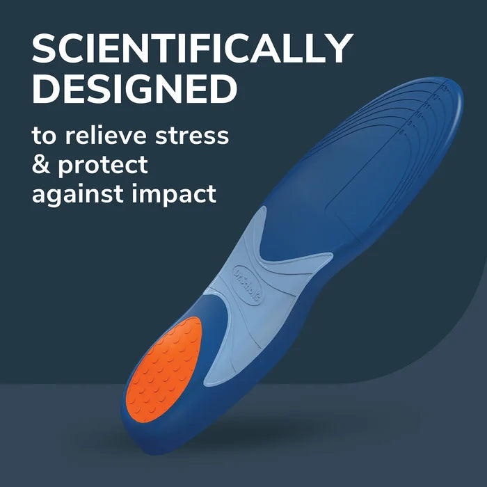 Blue orthotic insole with orange impact cushioning and contoured arch support