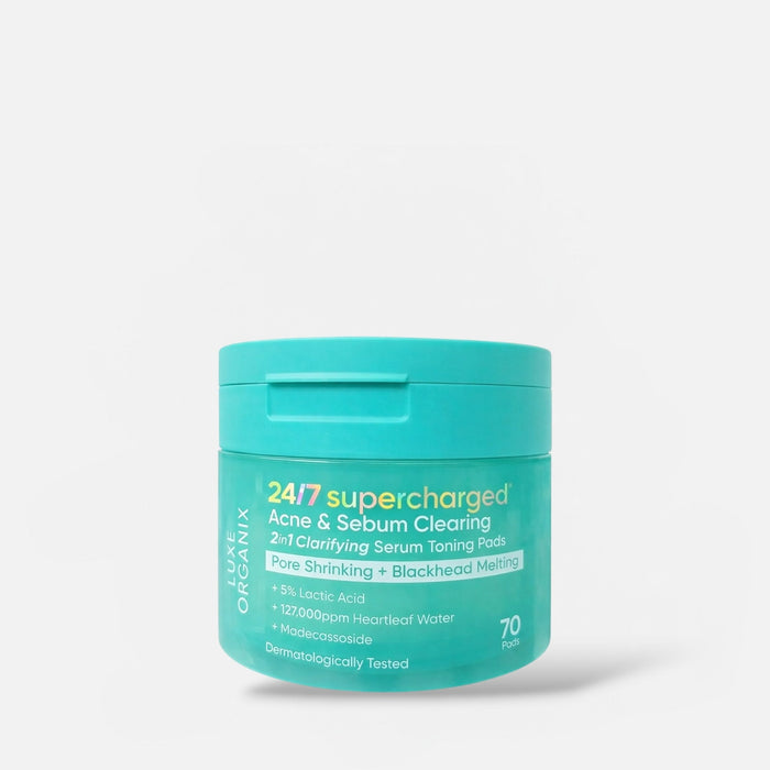 Luxe Organix 24/7 Supercharged Acne & Sebum Melting 2in1 Clariying Serum Concentrated Pads (70 Pads) مناديل مركزة من سيروم لوكس أورجانيكس 24/7 فائقة الفعالية لإزالة حب الشباب والدهون الزائدة 2 في 1 - Princess Cosmetics Qatar