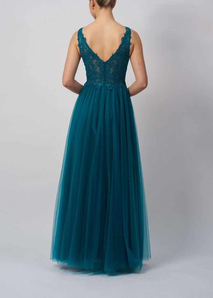Back view of Mascara MC23344 Petrol V-Neck Embroidered Tulle Prom Dress with floral lace bodice and flowing tulle skirt. Elegant formal gown for prom or gala.