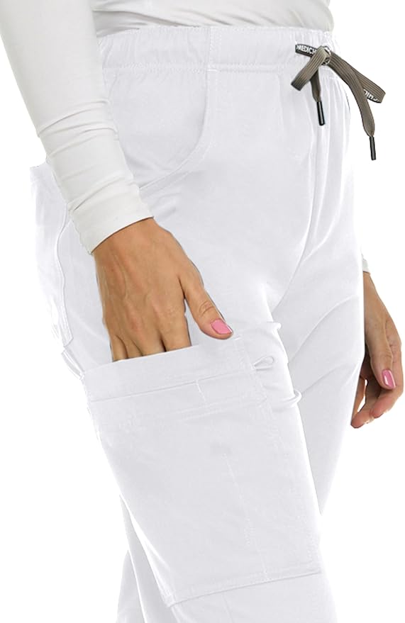 Medichic Eleanor V-Neck Top with Tall Joelle Elastic Drawstring Cargo Pants Scrub Set - White
