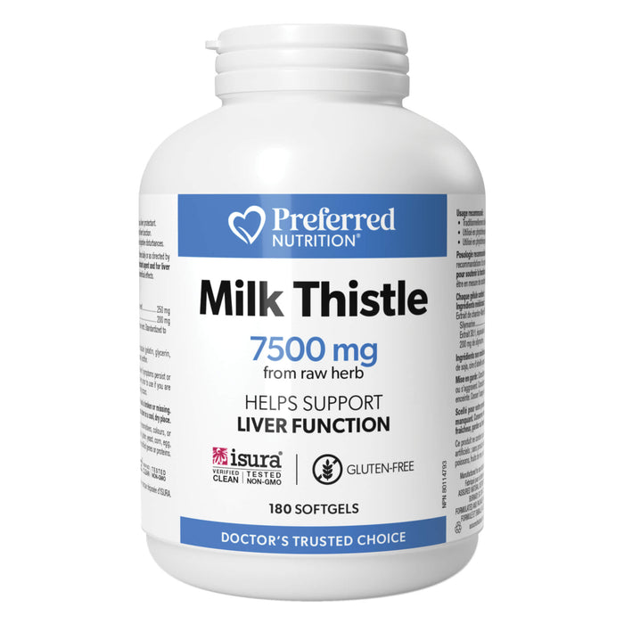 Bottle of PreferredNutrition Milk Thistle 7500mg (250mg 30:1 Extract, 200mg Silymarin) 180Softgels