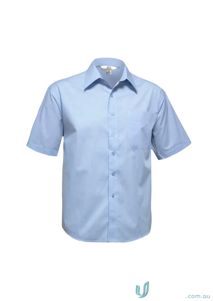 Light blue mens micro check short sleeve button-down shirt for casual style