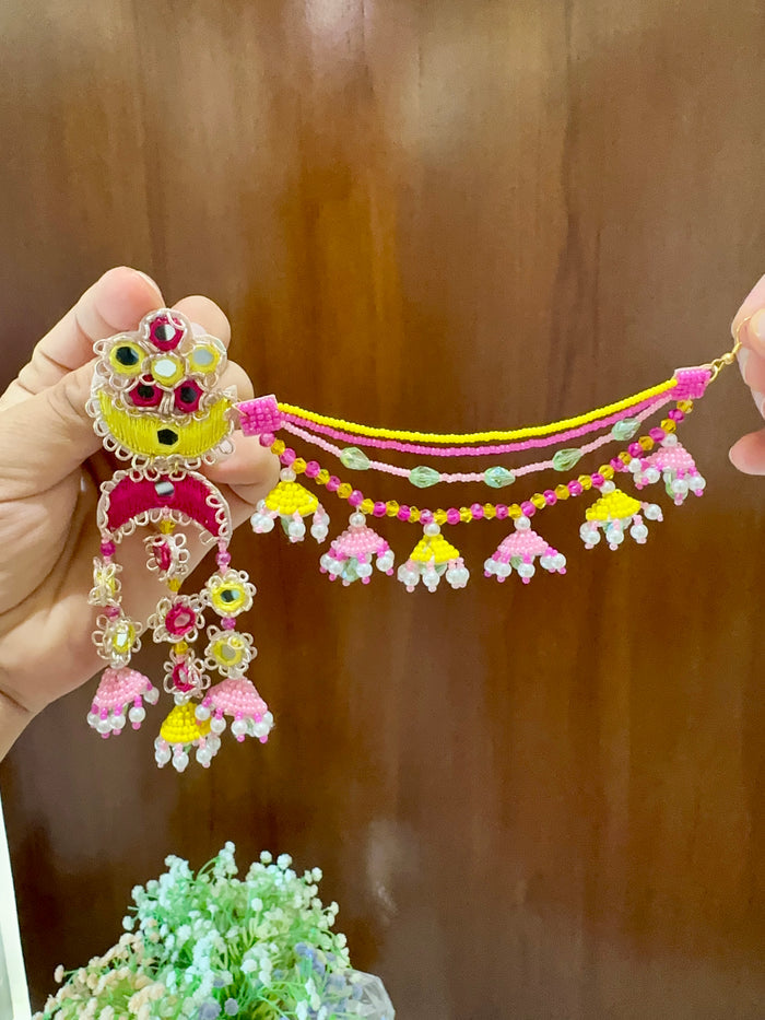 Mirror Work Crescent Moon Passa Earring & Tikka Set | Pink, Yellow & Mint | Mehandi Jewellery