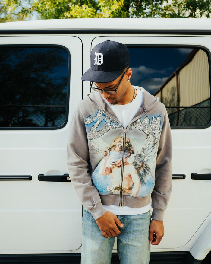 Full-length image of the grey Rhinestone hoodie highlighting its casual yet stylish design