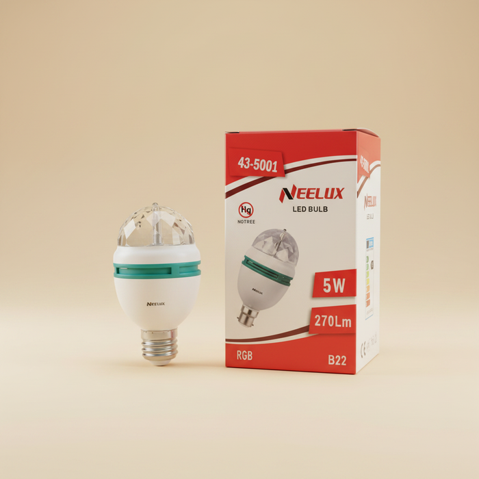 Neelux 5W RGB rotating disco bulb with box - cream background
