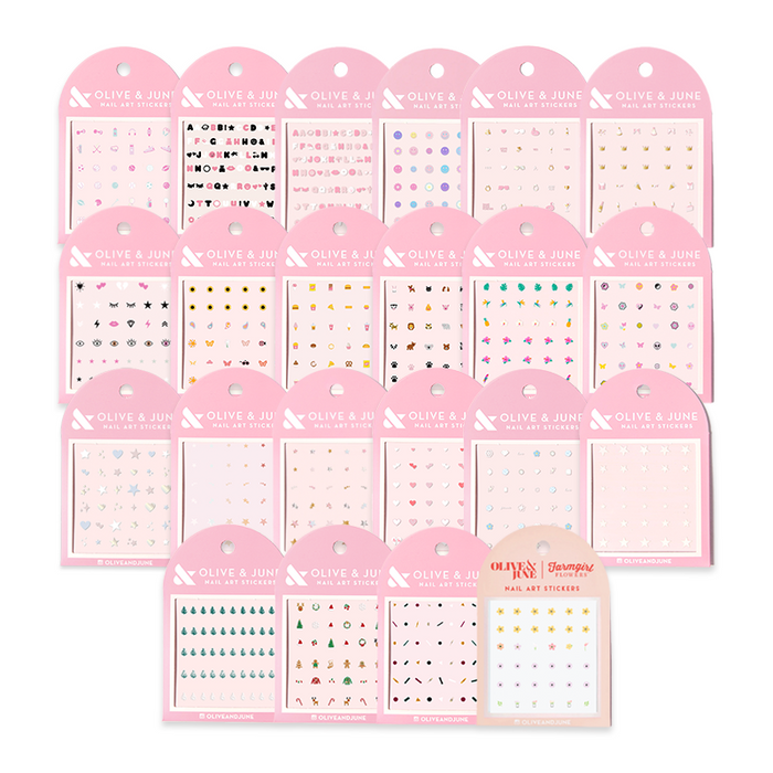 Olive the Stickers Set showing multiple nail art sticker sheets with hearts, sports, and cute designs for easy manicure decoration