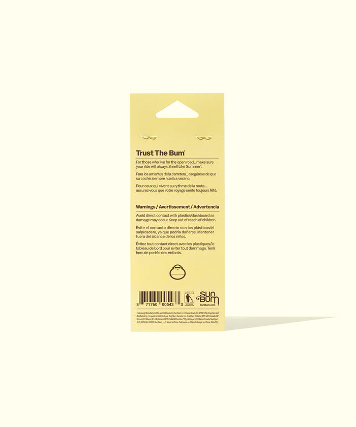 Sun Bum Original Scent Air Freshener with gorilla face design hanging on yellow packaging background.