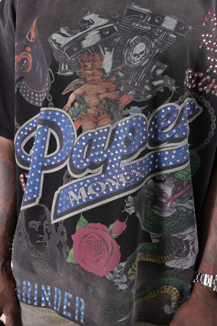 Paper Money "For The Dogs" Rhinestones Black Tee