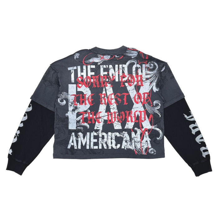 RK5046 DK Grey long-sleeve featuring the Rare Peace RP End of Pax Americana Twofer artwork for casual wear