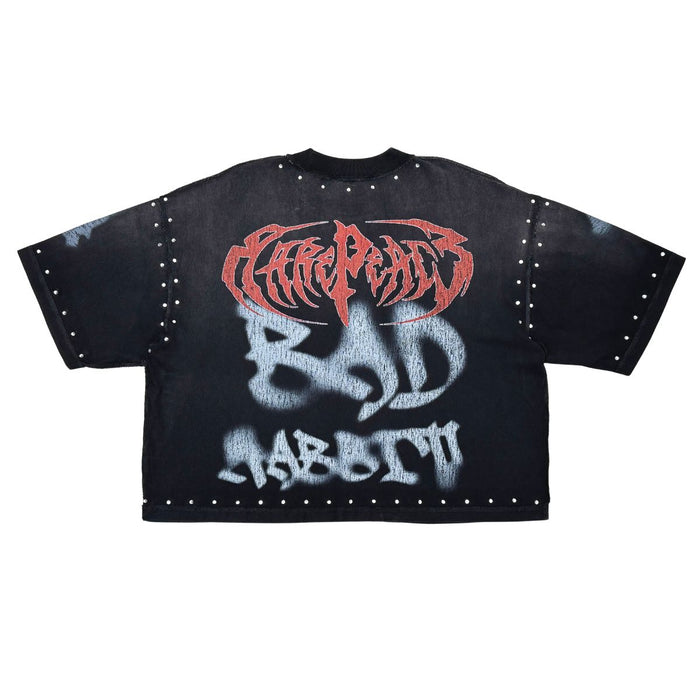 Front view of the Rare Peace RP Skull rhinestone black tee showcasing detailed skull artwork and high-quality fabric