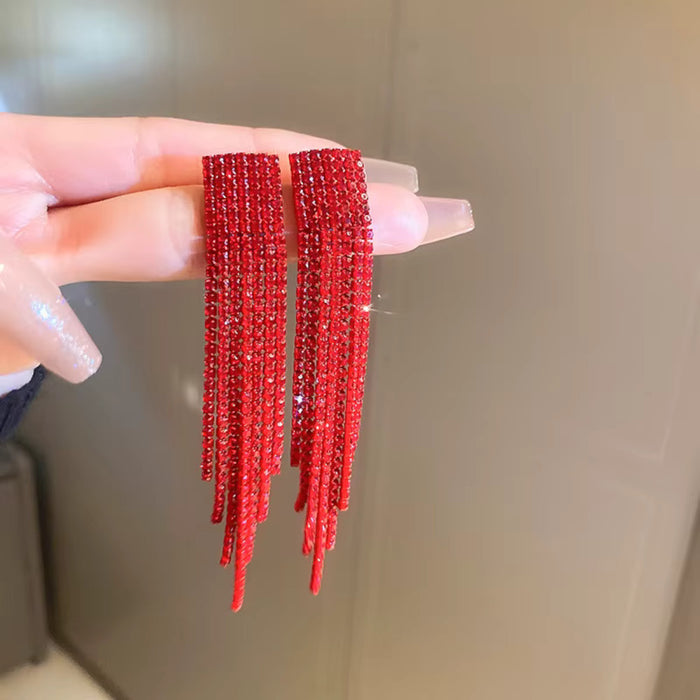 Red Long Fringe Tassel Drop Sparkling Statement Jewelry Chandelier Earrings for Women