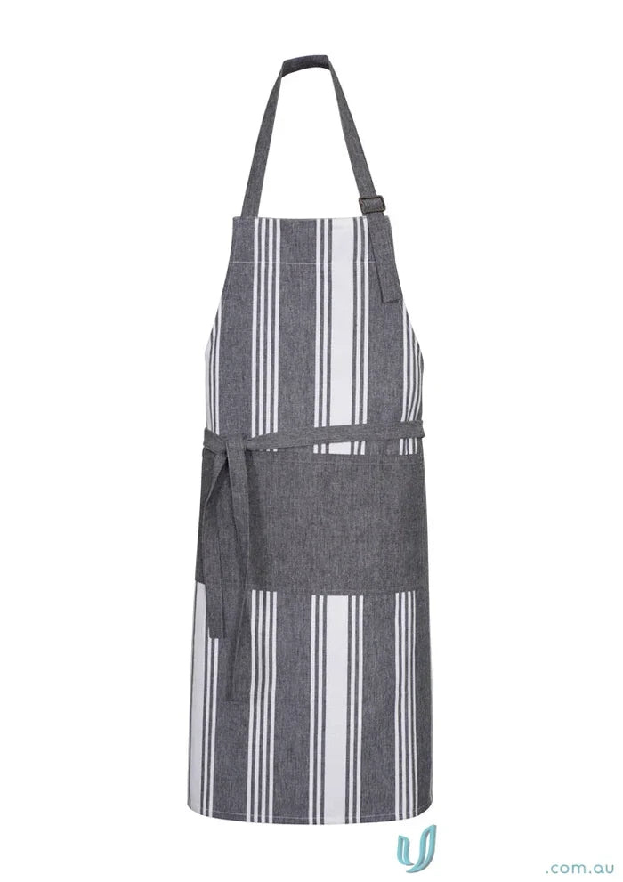 Gray and white striped salt bib apron with adjustable D-ring neck and pepper chambray stripes