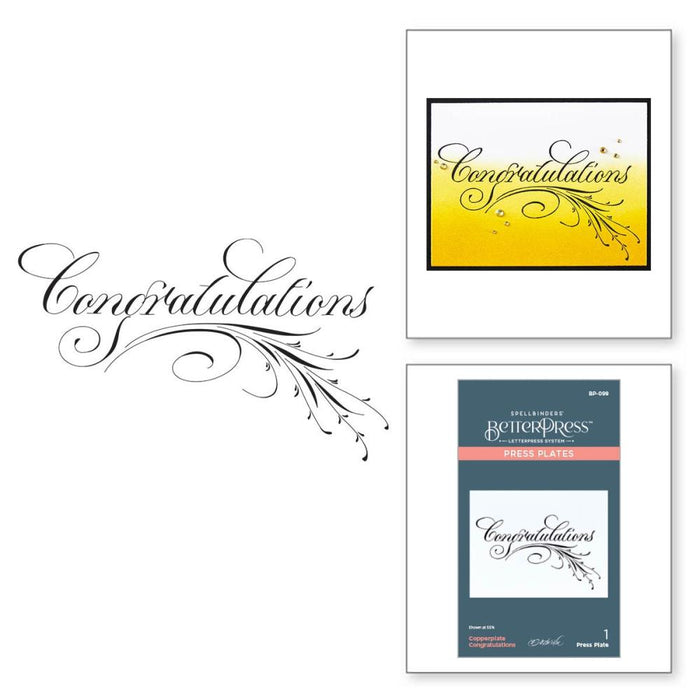 Spellbinders - Press Plate By Paul Antonio - Copperplate - Congratulations. Copperplate Congratulations Press Plate is from the Copperplate Everyday Sentiments Collection by Paul Antonio. Available at Embellish Away located in Bowmanville Ontario Canada.