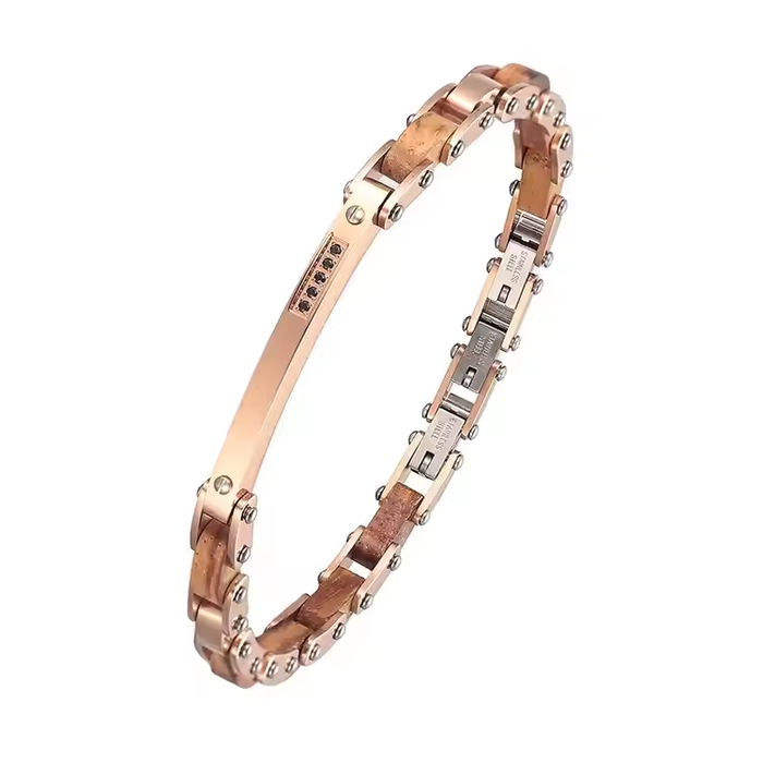 Stainless Steel Luxury Handmade Wood and Gold Plated Zircon Link Bracelet