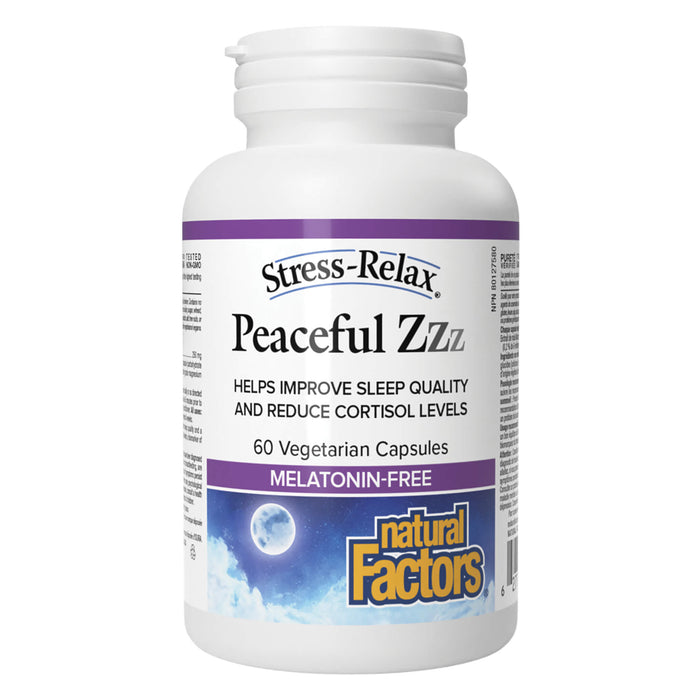 Bottle of Natural Factors Stress-Relax Peaceful ZZZ 60 Vegetarian Capsules