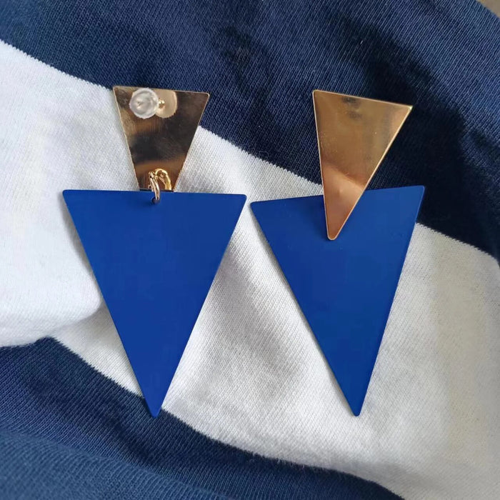 Stunning Golden Blue Metal Triangle Drop Statement Stud Earrings For Women
