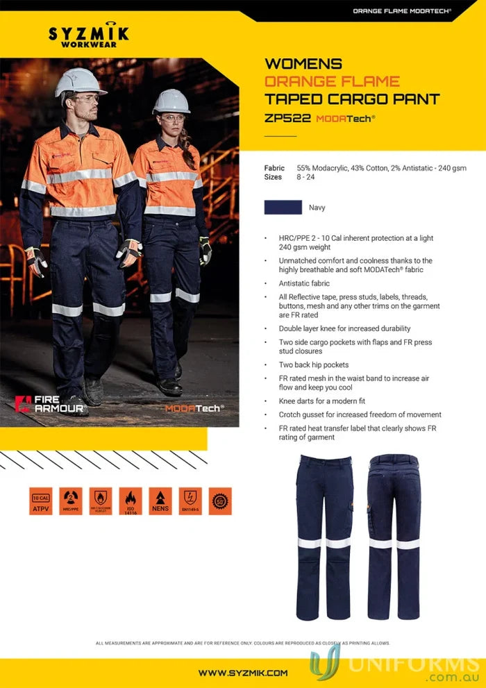 Syzmic Womens Orange Taped Cargo Pant with workwear cargo pants look and orange flame taped detail