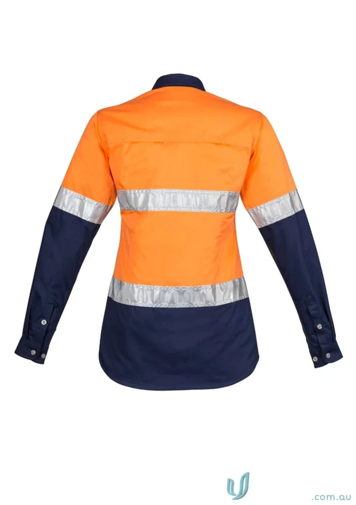 Syzmik Women’s Industrial shirt with mesh vent inserts in orange and navy blue