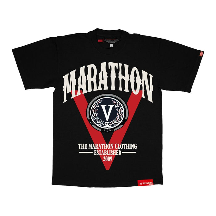 A unisex black heavyweight cotton crewneck T-shirt featuring vintage marathon victory design and woven hem label