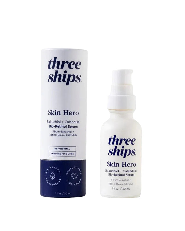 Three Ships Skin Hero Bakuchiol and Calendula Bio-Retinol serum in a 30ml bottle, featuring a sleek skincare product with natural ingredients.