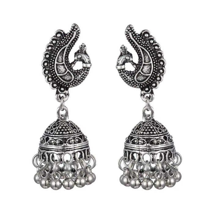Traditional Oxidized Silver Peacock Jhumka Bell Tassel Earrings Ethnic Jewelry