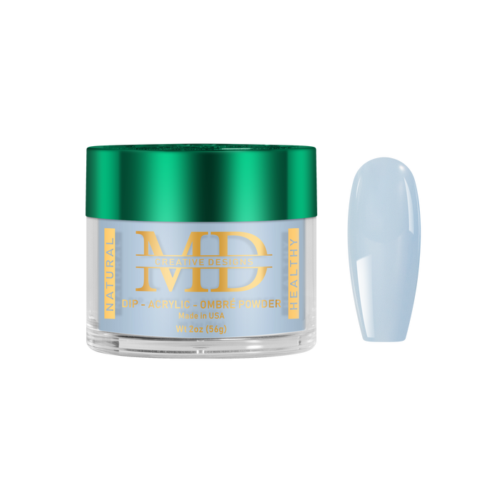 Jar of MD nail powder with a light blue nail tip color swatch on a white background