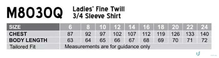 Ladies size chart for Winning Spirit Ladies Fine Twill Shirt showing fit details
